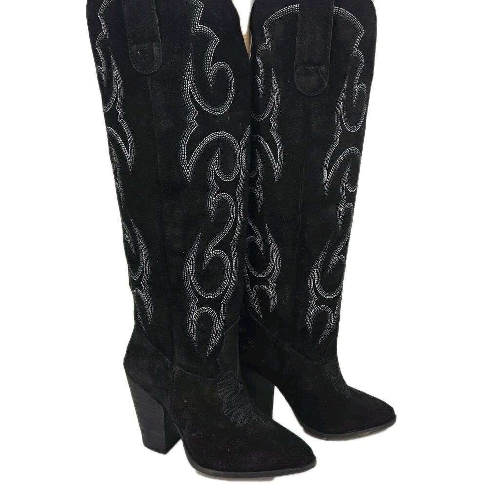 Corral G Tall Top Suede Black Boots Embroidered J Toe NEW 2" Heel Cowgirl US 7.5